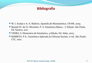 Bibliografia
M. I. Araújo e A. A. Balieiro, Apostila de Bioestatística. UFAM, 2009.
Bussab W. de O.; Morettin, P. A. Estatística Básica - 7ª Edição. São Paulo.
Ed. Saraiva, 2011.
VIEIRA, S. Elementos de Estatistica, 4 Edição. Ed. Atlas, 2003.
BARBETA, P.A., Estatística Aplicada às Ciências Sociais, 7ª ed., São Paulo:
LTC, 2010.
Profª Drª Maria Ivanilde Araujo- UFAM 3
 