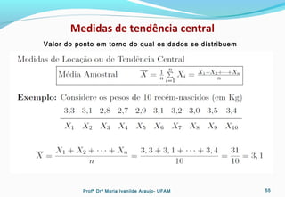 Medidas de tendência central
Valor do ponto em torno do qual os dados se distribuem
Profª Drª Maria Ivanilde Araujo- UFAM 55
 