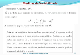 Medidas de Variabilidade
Profª Drª Maria Ivanilde Araujo- UFAM 61
 