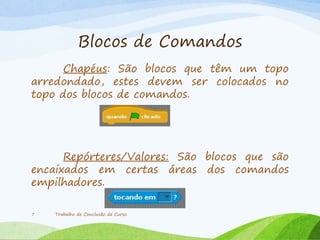 Blocos de Comandos
Chapéus: São blocos que têm um topo
arredondado, estes devem ser colocados no
topo dos blocos de comandos.
Repórteres/Valores: São blocos que são
encaixados em certas áreas dos comandos
empilhadores.
Trabalho de Conclusão de Curso7
 