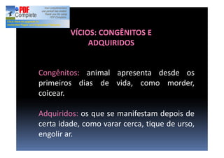 Congênitos: animal apresenta desde os
primeiros dias de vida, como morder,
coicear.
Adquiridos: os que se manifestam depois de
certa idade, como varar cerca, tique de urso,
engolir ar.
VÍCIOS: CONGÊNITOS E
ADQUIRIDOS
 