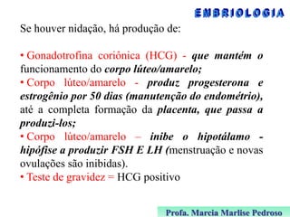 Se houver nidação, há produção de:
• Gonadotrofina coriônica (HCG) - que mantém o
funcionamento do corpo lúteo/amarelo;
• Corpo lúteo/amarelo - produz progesterona e
estrogênio por 50 dias (manutenção do endométrio),
até a completa formação da placenta, que passa a
produzi-los;
• Corpo lúteo/amarelo – inibe o hipotálamo hipófise a produzir FSH E LH (menstruação e novas
ovulações são inibidas).
• Teste de gravidez = HCG positivo
Profa. Marcia Marlise Pedroso

 
