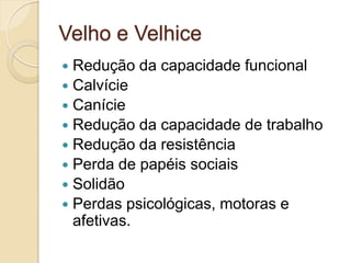 Velho e Velhice
 Redução da capacidade funcional
 Calvície
 Canície
 Redução da capacidade de trabalho
 Redução da resistência
 Perda de papéis sociais
 Solidão
 Perdas psicológicas, motoras e
  afetivas.
 