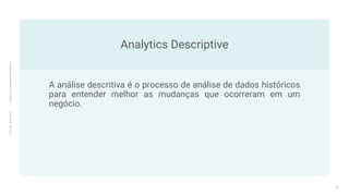 Analytics Descriptive
Prof.
Me.
Felipe
Viana
|
linkedin.com/in/datasciencefelipeviana
A análise descritiva é o processo de análise de dados históricos
para entender melhor as mudanças que ocorreram em um
negócio.
24
 