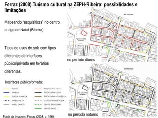 Ferraz (2008) Turismo cultural na ZEPH-Ribeira: possibilidades e
limitações
Fonte da imagem: Ferraz (2008, p. 166).
Mapeando “esquisitices” no centro
antigo de Natal (Ribeira).
Tipos de usos do solo com tipos
diferentes de interfaces
público/privado em horários
diferentes.
no período diurno
Interfaces público/privado:
no período noturno
 