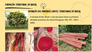 FORMAÇÃO TERRITORIAL DO BRASIL
A extração do Pau-Brasil e cana de açúcar foram sa primeiras
atividade econômica da colonia Portuguesa. (Séc. XVI - 1501 A
1600)
DEFINIÇÃO DOS PRIMEIROS LIMITES TERRITORIAIS DO BRASIL
 