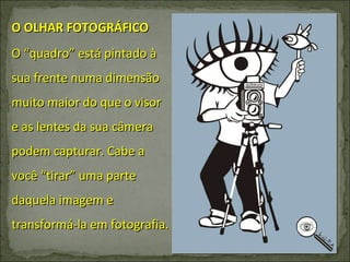 O OLHAR FOTOGRÁFICO O “quadro” está pintado à sua frente numa dimensão muito maior do que o visor e as lentes da sua câmera podem capturar. Cabe a você “tirar” uma parte daquela imagem e transformá-la em fotografia. 