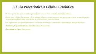 Célula Procariótica X Célula Eucariótica
 A maior parte dos seres vivos é organizada por uma ou mais unidades chamadas células.
 Estas duas células (Eucarionte e Procarionte) diferem muito quanto a sua estrutura interna: procariótica tem
uma organização simples, rudimentar. Já a eucariótica é mais complexa.
 Os organismos são classificados então como Procariontes ou Eucariontes a depender do seu tipo de célula
 Bactérias, Arqueobactérias e Cianobactérias: Procariontes
 Demais seres vivos: Eucariontes
 