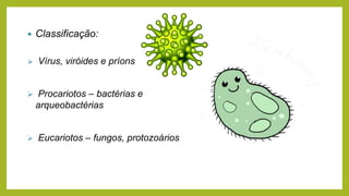  Classificação:
 Vírus, viróides e príons
 Procariotos – bactérias e
arqueobactérias
 Eucariotos – fungos, protozoários
 
