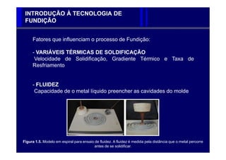 INTRODUÇÃO À TECNOLOGIA DE
 FUNDIÇÃO


     Fatores que influenciam o processo de Fundição:

     - VARIÁVEIS TÉRMICAS DE SOLDIFICAÇÃO
      Velocidade de Solidificação, Gradiente Térmico e Taxa de
     Resfriamento


     - FLUIDEZ
      Capacidade de o metal líquido preencher as cavidades do molde




Figura 1.5. Modelo em espiral para ensaio de fluidez. A fluidez é medida pela distância que o metal percorre
                                          antes de se solidificar.
 