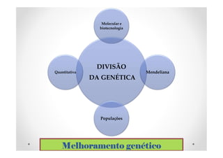 Melhoramento genético
DIVISÃO
DA GENÉTICA
Molecular e
biotecnologia
Mendeliana
Populações
Quantitativa
 