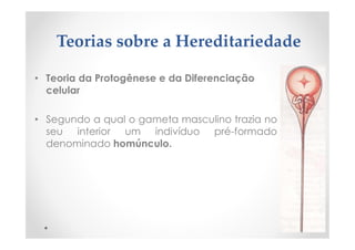 Teorias sobre a Hereditariedade
• Teoria da Protogênese e da Diferenciação
celular
• Segundo a qual o gameta masculino trazia no
seu interior um indivíduo pré-formado
denominado homúnculo.
 