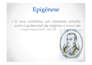 Epigênese
• O ovo continha um material amorfo
com o potencial de originar o novo ser
• Caspar Friedrich Wolff- 1733-1794
 