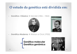 O estudo da genética está dividida em:
- Genética Clássica  Mendel (1856 – 1865)
- Genética Moderna  Watson e Crick (1953)
Genética molecular
Genética genômica
 