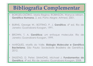 Bibliografia Complementar
• BORGES-OSÓRIO, Maria Regina; ROBINSON, Wanyce Miriam.
Genética Humana. 2. ed. Porto Alegre: Artmed, 2001.
• BURNS, George W.; BOTTINO, P. J. Genética. 6ª ed. Rio de
Janeiro: Guanabara Koogan, 1991.
• BROWN, T. A. Genética: um enfoque molecular. Rio de
Janeiro: Guanabara Koogan, 1999.
• MARQUES, Marilis do Valle. Biologia Molecular e Genética
Bacteriana. São Paulo: Sociedade Brasileira de Genética,
2012.
• SNUSTAD, D. Peter; SIMMONS, Michael J. Fundamentos de
Genética. 4ª ed. Rio de Janeiro: Guanabara Koogan, 2008.
 