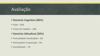 Avaliação
▪ Domínio Cognitivo (80%)
▪ Teste – 60%
▪ Fichas de Trabalho – 20%
▪ Domínio Atitudinal (20%)
▪ Pontualidade/ Assiduidade – 8%
▪ Participação/ Cooperação – 5%
▪ Sociabilidade – 7%
 
