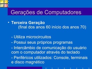 Gerações de Computadores Terceira Geração  (final dos anos 60 início dos anos 70)  - Utiliza microcircuitos - Possui seus próprios programas - Intercâmbio de comunicação do usuário com o computador através do teclado - Periféricos utilizados: Console, terminais e disco magnético 