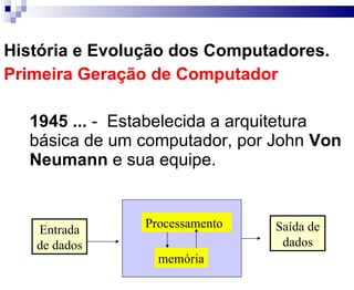 História e Evolução dos Computadores. Primeira Geração de Computador 1945 ...   -  Estabelecida a arquitetura básica de um computador, por John  Von Neumann  e sua equipe. Processamento memória Entrada de dados Saída de dados 