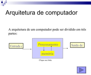 Arquitetura de computador A arquitetura de um computador pode ser dividido em três partes: Clique nos links Processamento memória Entrada de dados Saída de dados 