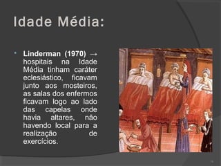 Idade Média:
 Linderman (1970) →
hospitais na Idade
Média tinham caráter
eclesiástico, ficavam
junto aos mosteiros,
as salas dos enfermos
ficavam logo ao lado
das capelas onde
havia altares, não
havendo local para a
realização de
exercícios.
74
 