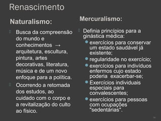 Renascimento
Naturalismo: Mercuralismo:
 Busca da compreensão
do mundo e
conhecimentos →
arquitetura, escultura,
pintura, artes
decorativas, literatura,
música e de um novo
enfoque para a política.
 Ocorrendo a retomada
dos estudos, ao
cuidado com o corpo e
a revitalização do culto
ao físico.
 Definia princípios para a
ginástica médica:
exercícios para conservar
um estado saudável já
existente;
regularidade no exercício;
exercícios para indivíduos
enfermos cujo estado
poderia exacerbar-se;
Exercícios individuais
especiais para
convalescentes;
exercícios para pessoas
com ocupações
"sedentárias".
79
 