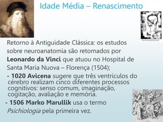 Idade Média – Renascimento
Retorno à Antiguidade Clássica: os estudos
sobre neuroanatomia são retomados por
Leonardo da Vinci que atuou no Hospital de
Santa Maria Nuova – Florença (1504);
- 1020 Avicena sugere que três ventrículos do
cérebro realizam cinco diferentes processos
cognitivos: senso comum, imaginação,
cogitação, avaliação e memória.
- 1506 Marko Marullik usa o termo
Psichiologia pela primeira vez.
 