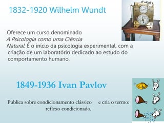 1832-1920 Wilhelm Wundt
Oferece um curso denominado
A Psicologia como uma Ciência
Natural. É o início da psicologia experimental, com a
criação de um laboratório dedicado ao estudo do
comportamento humano.
1849-1936 Ivan Pavlov
Publica sobre condicionamento clássico e cria o termo:
reflexo condicionado.
 