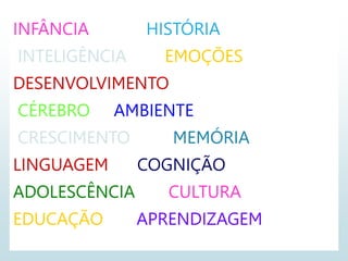 INFÂNCIA HISTÓRIA
INTELIGÊNCIA EMOÇÕES
DESENVOLVIMENTO
CÉREBRO AMBIENTE
CRESCIMENTO MEMÓRIA
LINGUAGEM COGNIÇÃO
ADOLESCÊNCIA CULTURA
EDUCAÇÃO APRENDIZAGEM
 