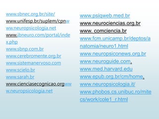 www.sbnec.org.br/site/
www.unifesp.br/suplem/cpnw
ww.neuropsicologia.net
www.ibneuro.com/portal/inde
x.php
www.sbnp.com.br
www.cerebromente.org.br
www.sistemanervoso.com
www.scielo.br
www.sarah.br
www.cienciasecognicao.orgww
w.neuropsicologia.net
www.psiqweb.med.br
www.neurociencias.org.br
www. comciencia.br
www.fcm.unicamp.br/deptos/a
natomia/neuro1.html
www.neuropsiconews.org.br
www.neuroguide.com.
www.med.harvard.edu
www.epub.org.br/cm/home.
www.neuropsicologia.it/
www.phobos.cs.unibuc.ro/mite
cs/work/cole1_r.html
 