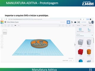 Importar o arquivo SVG e iniciar o protótipo.
MANUFATURA ADITIVA - Prototipagem
31Manufatura Aditiva
 