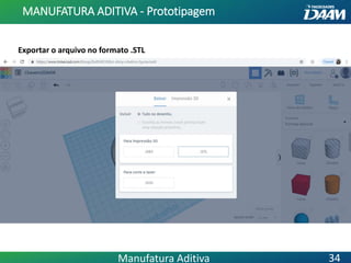 Exportar o arquivo no formato .STL
MANUFATURA ADITIVA - Prototipagem
34Manufatura Aditiva
 