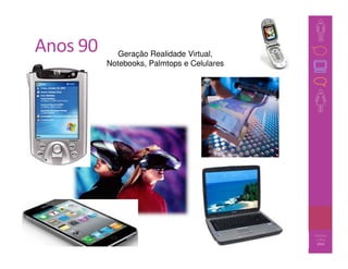 Anos 90      Geração Realidade Virtual,
          Notebooks, Palmtops e Celulares




                                                 Barbosa
                                            40    e Silva
                                                   2010
 