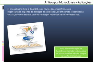 2) Imunodiagnóstico: o diagnóstico de muitas doenças infecciosas e
degenerativas, depende da detecção de antígenos e/ou anticorpos específicos na
circulação ou nos tecidos, usando anticorpos monoclonais em imunoensaios.
Anticorpos Monoclonais - Aplicações
Para a imunodosagem de
hormônios, marcadores tumorais e
de outras proteínas séricas, sempre
se usa Ac. monoclonais
 