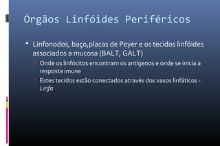 Órgãos Linfóides Periféricos
 Linfonodos, baço,placas de Peyer e os tecidos linfóides
associados a mucosa (BALT, GALT)
 Onde os linfócitos encontram os antígenos e onde se inicia a
resposta imune
 Estes tecidos estão conectados através dos vasos linfáticos -
Linfa
 