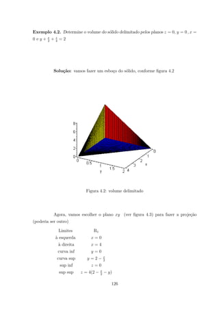 Exemplo 4.2. Determine o volume do s´olido delimitado pelos planos = 0 = 0 =
0 e + 2
+ 4
= 2
Solu¸c˜ao: vamos fazer um esbo¸co do s´olido, conforme ﬁgura 4.2
Figura 4.2: volume delimitado
Agora, vamos escolher o plano (ver ﬁgura 4.3) para fazer a proje¸c˜ao
(poderia ser outro)
Limites R1
`a esquerda = 0
`a direita = 4
curva inf = 0
curva sup = 2 2
sup inf = 0
sup sup = 4(2 2
)
126
 