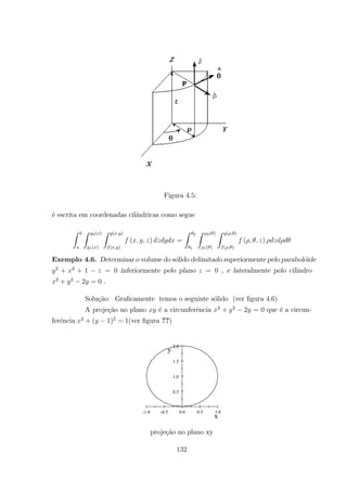 Figura 4.5:
´e escrita em coordenadas cil´ındricas como segue
Z Z 2( )
1( )
Z ( )
( )
( ) =
Z 2
1
Z 2( )
1( )
Z ( )
( )
( )
Exemplo 4.6. Determinar o volume do s´olido delimitado superiormente pelo parabol´oide
2
+ 2
+ 1 = 0 inferiormente pelo plano = 0 , e lateralmente pelo cilindro
2
+ 2
2 = 0 .
Solu¸c˜ao: Graﬁcamente temos o seguinte s´olido (ver ﬁgura 4.6)
A proje¸c˜ao no plano ´e a circunferˆencia 2
+ 2
2 = 0 que ´e a circun-
ferˆencia 2
+ ( 1)2
= 1(ver ﬁgura ??)
-1.0 -0.5 0.0 0.5 1.0
0.5
1.0
1.5
2.0
x
y
proje¸c˜ao no plano xy
132
 