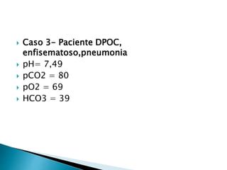 Caso 3- Paciente DPOC,
enfisematoso,pneumonia
 pH= 7,49
 pCO2 = 80
 pO2 = 69
 HCO3 = 39
 