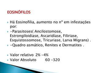 EOSINÓFILOS
 Há Eosinofilia, aumento no nº em infestações
por:
 •Parasitoses( Ancilostomose,
Estrongiloidiase, Ascaridíase, Filiriase,
Esquistossomose, Tricuriase, Larva Migrans) .
 •Quadro asmático, Renites e Dermatites .
 Valor relativo 2% -4%
 Valor Absoluto 60 –320
 
