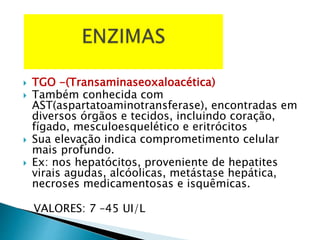  TGO -(Transaminaseoxaloacética)
 Também conhecida com
AST(aspartatoaminotransferase), encontradas em
diversos órgãos e tecidos, incluindo coração,
fígado, mesculoesquelético e eritrócitos
 Sua elevação indica comprometimento celular
mais profundo.
 Ex: nos hepatócitos, proveniente de hepatites
virais agudas, alcóolicas, metástase hepática,
necroses medicamentosas e isquêmicas.
VALORES: 7 –45 UI/L
 