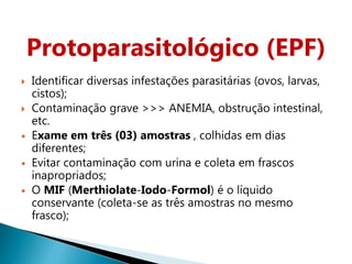 Protoparasitológico (EPF)
 Identificar diversas infestações parasitárias (ovos, larvas,
cistos);
 Contaminação grave >>> ANEMIA, obstrução intestinal,
etc.
 Exame em três (03) amostras , colhidas em dias
diferentes;
 Evitar contaminação com urina e coleta em frascos
inapropriados;
 O MIF (Merthiolate-Iodo-Formol) é o líquido
conservante (coleta-se as três amostras no mesmo
frasco);
 