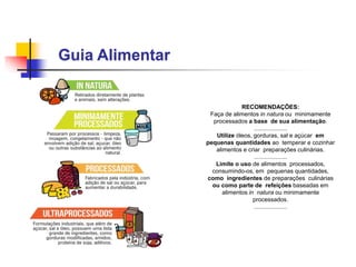 Guia Alimentar
RECOMENDAÇÕES:
Faça de alimentos in natura ou minimamente
processados a base de sua alimentação.
....................
Utilize óleos, gorduras, sal e açúcar em
pequenas quantidades ao temperar e cozinhar
alimentos e criar preparações culinárias.
....................
Limite o uso de alimentos processados,
consumindo-os, em pequenas quantidades,
como ingredientes de preparações culinárias
ou como parte de refeições baseadas em
alimentos in natura ou minimamente
processados.
....................
 