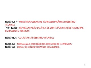 NBR 10067 – PRINCÍPIOS GERAIS DE REPRESENTAÇÃO EM DESENHO
TÉCNICO;
NBR 12298– REPRESENTAÇÃO DE ÁREA DE CORTE POR MEIO DE HACHURAS
EM DESENHO TÉCNICO;

NBR 10126– COTAGEM EM DESENHO TÉCNICO;

NBR 6409– NORMALIZA A EXECUÇÃO DOS DESENHOS DE ELETRÔNICA;
NBR 7191– OBRAS DE CONCRETO SIMPLES OU ARMADO.




                                                                 11
 