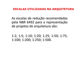 ESCALAS UTILIZADAS NA ARQUITETURA


As escalas de redução recomendadas
pela NBR 6492 para a representação
de projetos de arquitetura são:

1:2; 1:5; 1:10; 1:20; 1:25; 1:50; 1:75;
1:100; 1:200; 1:250; 1:500.
 