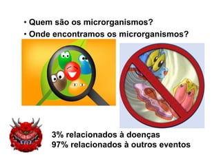 • Quem são os microrganismos?
• Onde encontramos os microrganismos?




      3% relacionados à doenças
      97% relacionados à outros eventos
 