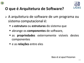 15	
  
O	
  que	
  é	
  Arquitetura	
  de	
  So-ware?	
  
Ø  A	
  arquitetura	
  de	
  soAware	
  de	
  um	
  programa	
  ou	
  
sistema	
  computacional	
  é:	
  
§  a	
  estrutura	
  ou	
  estruturas	
  do	
  sistema	
  que	
  
§  abrange	
  os	
  componentes	
  de	
  soAware,	
  
§  as	
   propriedades	
   externamente	
   visíveis	
   destes	
  
componentes	
  	
  
§  e	
  as	
  relações	
  entre	
  eles	
  
Bass et al apud Pressman
 