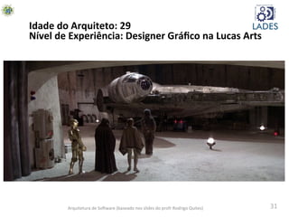 31	
  Arquitetura	
  de	
  SoAware	
  (baseado	
  nos	
  slides	
  do	
  profr	
  Rodrigo	
  Quites)	
  
Idade	
  do	
  Arquiteto:	
  29	
  
Nível	
  de	
  Experiência:	
  Designer	
  Gráﬁco	
  na	
  Lucas	
  Arts	
  
 