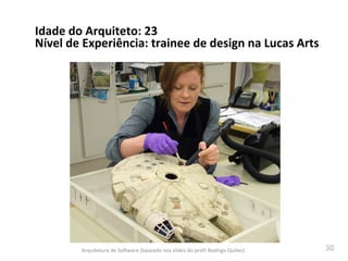 30	
  
Arquitetura	
  de	
  SoAware	
  (baseado	
  nos	
  slides	
  do	
  profr	
  Rodrigo	
  Quites)	
  
Idade	
  do	
  Arquiteto:	
  23	
  
Nível	
  de	
  Experiência:	
  trainee	
  de	
  design	
  na	
  Lucas	
  Arts	
  
 