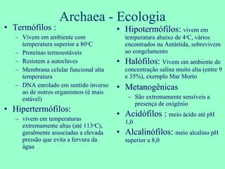 Archaea - Ecologia Termófilos :  Vivem em ambiente com temperatura superior a 80 o C  Proteínas termoestáveis Resistem a autoclaves Membrana celular funcional alta temperatura DNA enrolado em sentido inverso ao de outros organismos (é mais estável) Hipertermófilos:   vivem em temperaturas extremamente altas (até 113 o C), geralmente associadas a elevada pressão que evita a fervura da água Hipotermófilos:  vivem em temperatura abaixo de 4 o C, vários encontrados na Antártida, sobrevivem ao congelamento Halófilos:  Vivem em ambiente de concentração salina muito alta (entre 9 e 35%), exemplo Mar Morto Metanogênicas São extremamente sensíveis a presença de oxigênio Acidófilos :  meio ácido até pH 1,0 Alcalinófilos:  meio alcalino pH superior a 8,0 