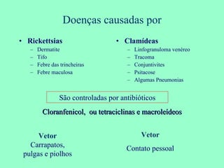 Doenças causadas por Rickettsias Dermatite Tifo Febre das trincheiras Febre maculosa Clamídeas Linfogranuloma venéreo Tracoma Conjuntivites Psitacose Algumas Pneumonias Vetor  Carrapatos, pulgas e piolhos Vetor Contato pessoal São controladas por antibióticos Cloranfenicol,  ou tetraciclinas e macroleídeos 