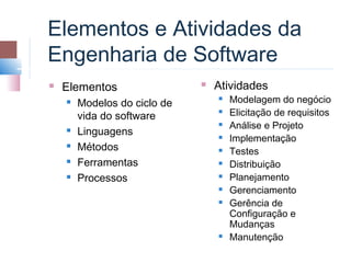 Elementos e Atividades da
Engenharia de Software
   Elementos                    Atividades
       Modelos do ciclo de
                                     Modelagem do negócio
        vida do software
                                     Elicitação de requisitos
                                     Análise e Projeto
       Linguagens                   Implementação
       Métodos                      Testes
       Ferramentas                  Distribuição
       Processos                    Planejamento
                                     Gerenciamento
                                     Gerência de
                                      Configuração e
                                      Mudanças
                                     Manutenção
 